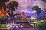 Unknown Artist Canvas Paintings - Lady at the Cottage